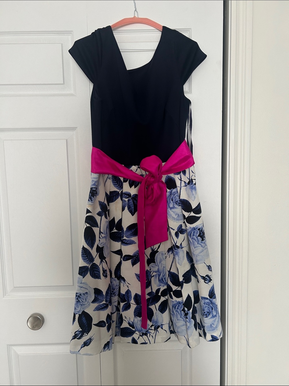 Eliza J Black Bodice Navy Floral Skirt Dress with Fuchsia Sash